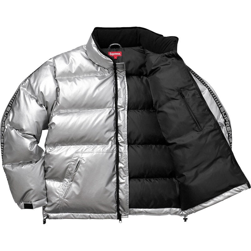 Supreme Reflective Sleeve Logo Puffy Jacket Silver