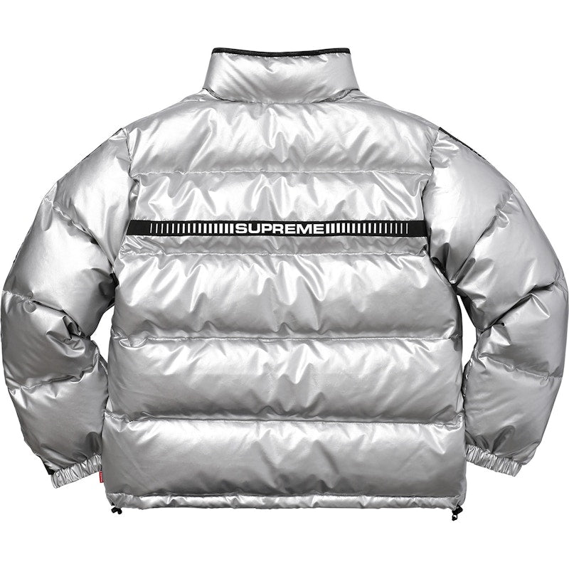 Supreme Reflective Sleeve Logo Puffy Jacket Silver