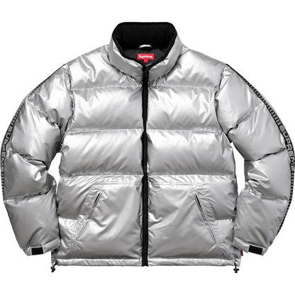 Supreme Reflective Sleeve Logo Puffy Jacket Silver