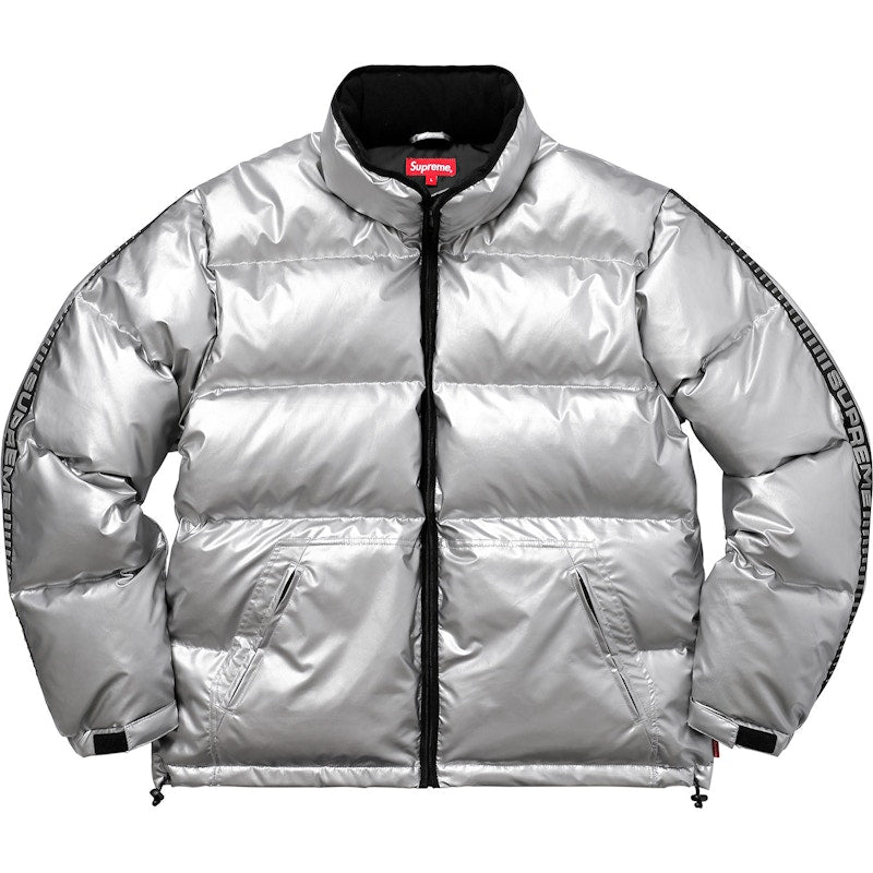 Supreme Reflective Sleeve Logo Puffy Jacket Silver