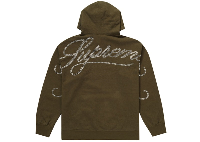 Supreme Rhinestone Script Hooded Sweatshirt Dark Olive