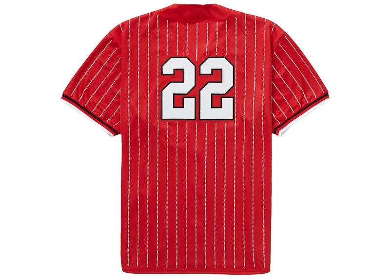 Supreme Rhinestone Stripe Baseball Jersey Red