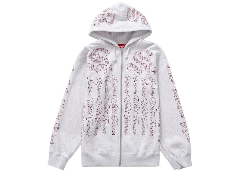 Supreme Rhinestone Zip Up Hooded Sweatshirt Ash Grey