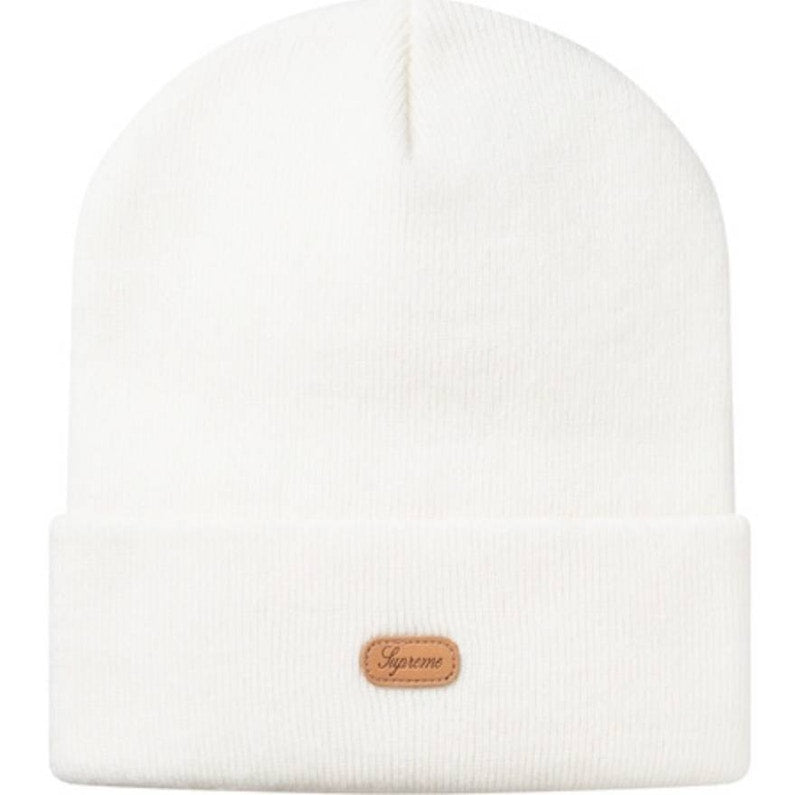 Supreme Script Leather Patch Beanie White