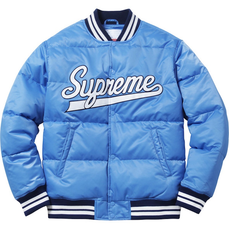 Supreme Script Varsity Puffy Jacket Light Blue
