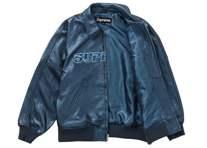 Supreme Silver Surfer Leather Varsity Jacket Blue