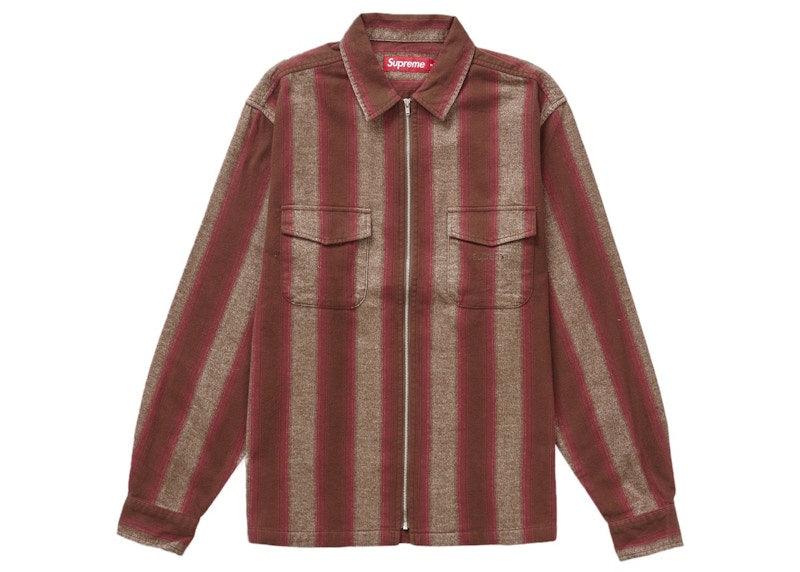 Supreme Stripe Flannel Zip Up Shirt Brown