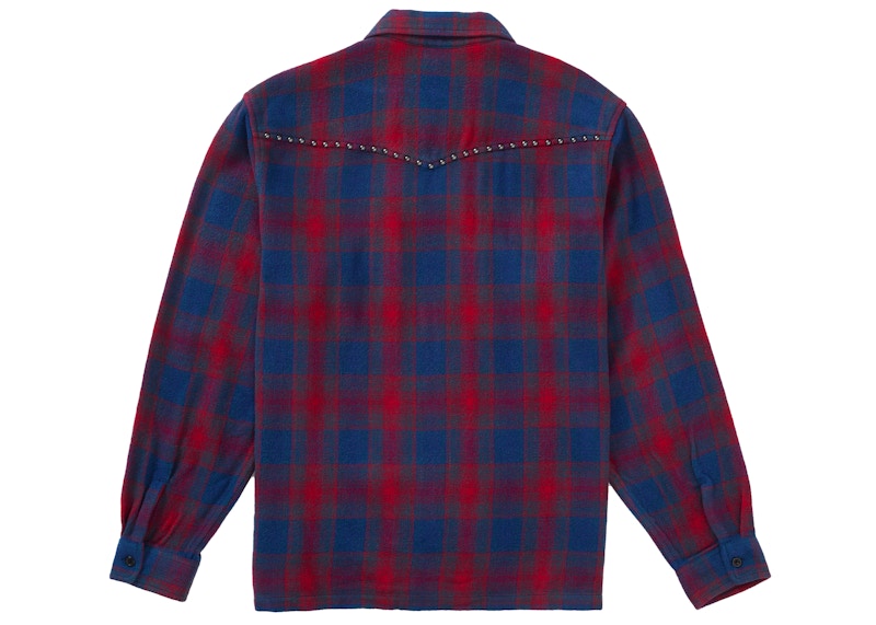 Supreme Studded Shadow Plaid Zip Up Shirt Red