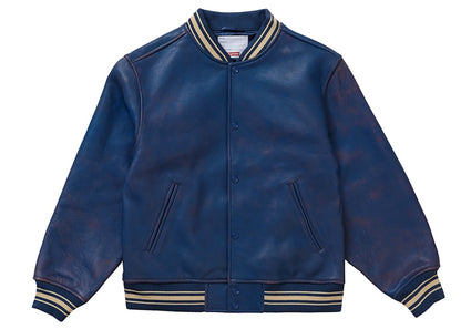 Supreme Worn Leather Varsity Jacket Blue