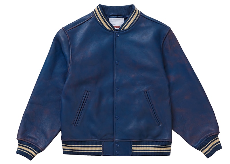 Supreme Worn Leather Varsity Jacket Blue