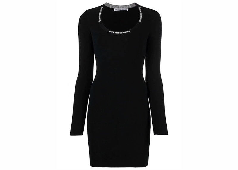 T by Alexander Wang Bodycon LS Logo Jacquard Trim Scoop Neck Dress Black