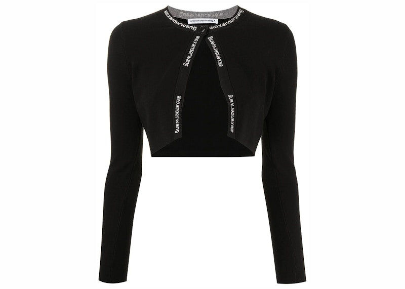 T by Alexander Wang Cropped Bodycon Logo Jacquard Trims Cardigan Black