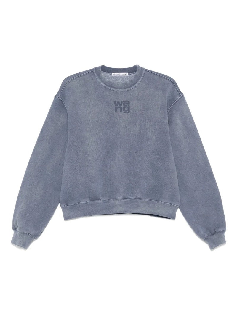 T by Alexander Wang Essential Terry Crew Puff Paint Logo Sweatshirt Washed Blue Ink