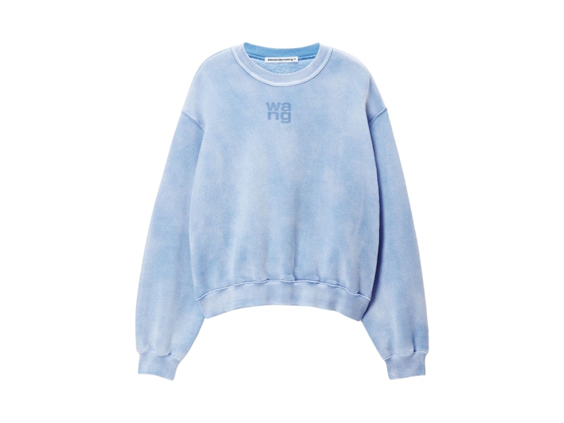 T by Alexander Wang Essential Terry Crew W/ Puff Paint Logo Sweatshirt Washed Pale Blue