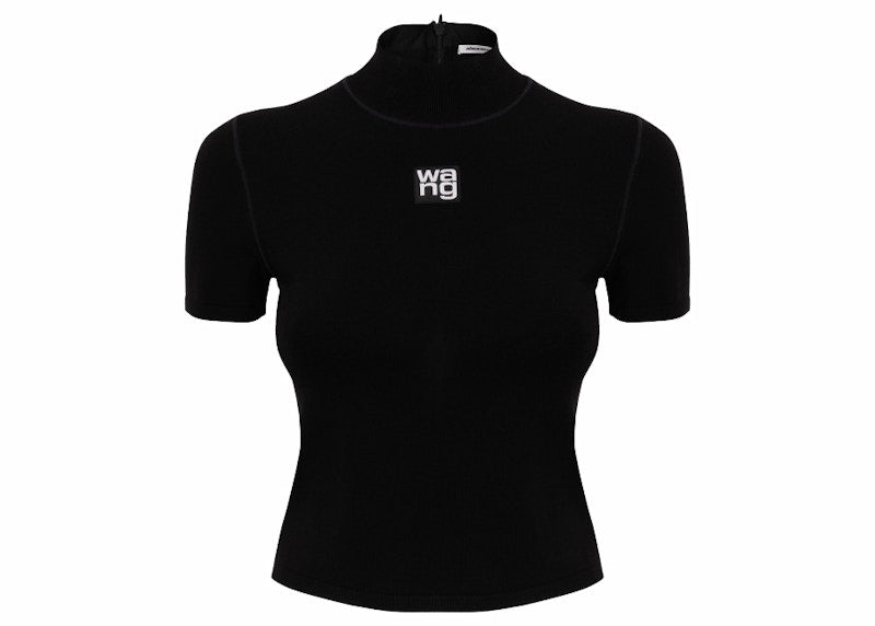 T by Alexander Wang Foundation Bodycon SS Logo Patch Mock Neck Top Black