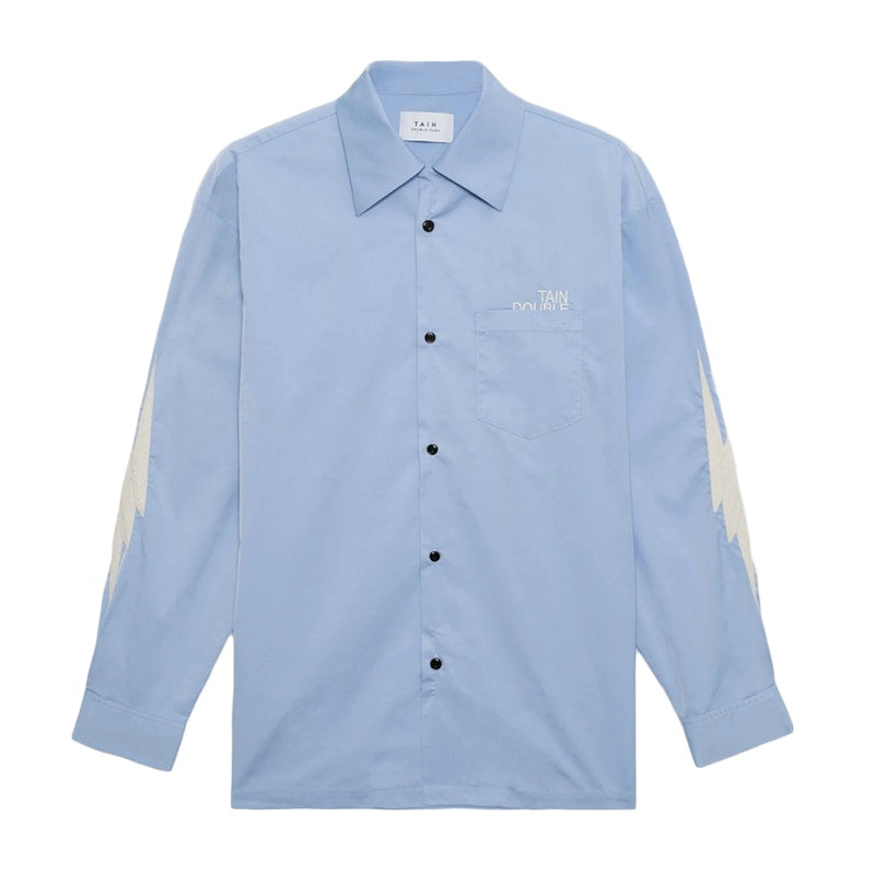 Tain Double Push Embroidery Open Collar Shirt Sax