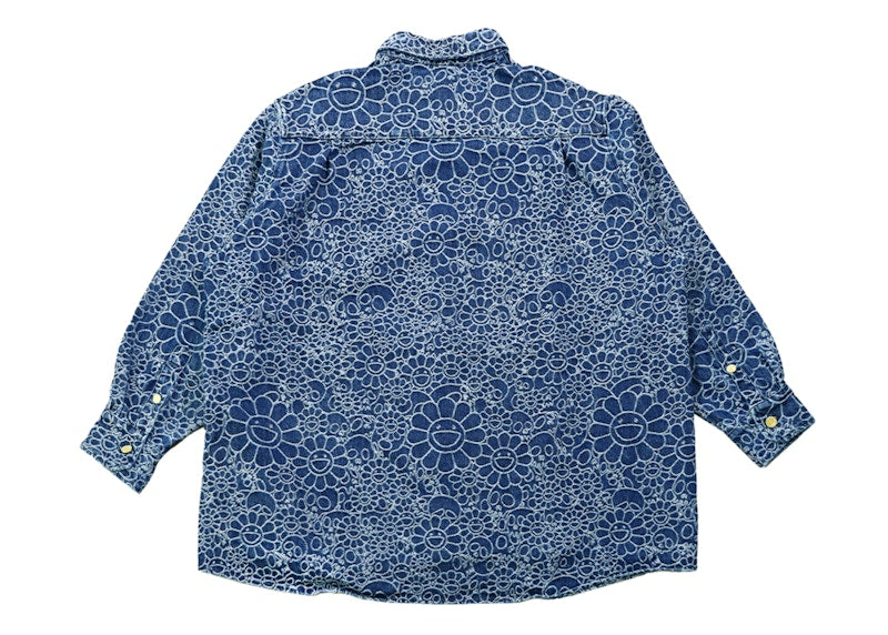 Takashi Murakami Flowers and Skulls Jacquard Denim Haori Shirt Dark Blue