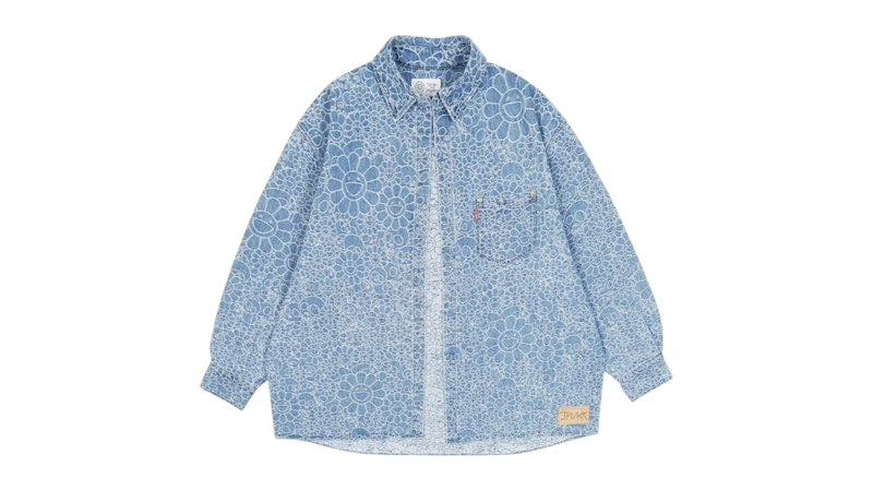 Takashi Murakami Flowers and Skulls Jacquard Denim Haori Shirt Light Blue