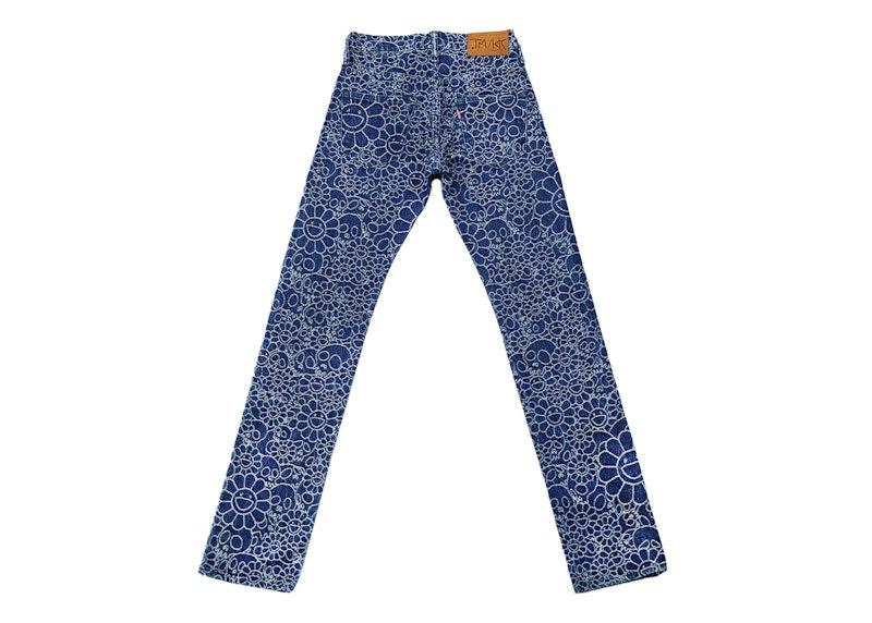 Takashi Murakami Flowers and Skulls Jacquard Denim Pants Dark Blue