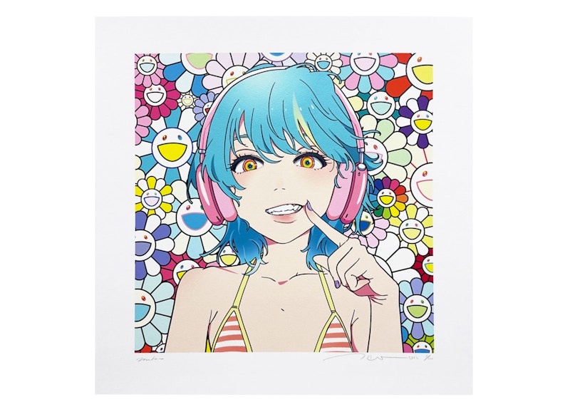 Takashi Murakami x mebae Smile_02 w M.F Print (Signed, Edition of 100) Blue Hair/Pink Headphones