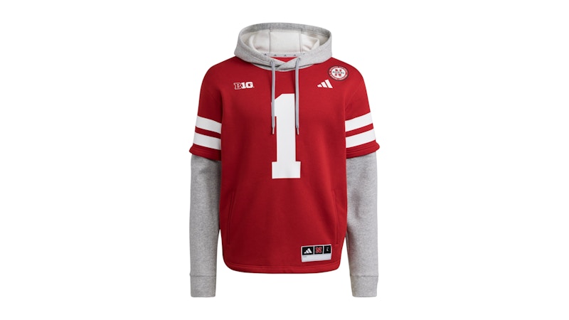 adidas Cornhuskers Jersey Hoodie Nebraska Team Power Red White Light Grey Heather