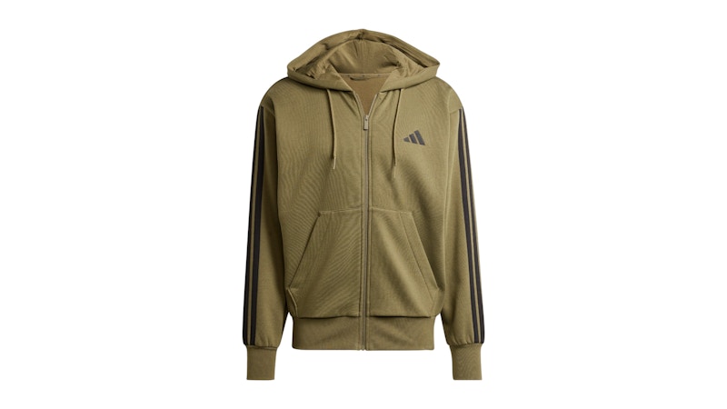 adidas Essentials 3-Stripes Fleece Hoodie Olive Strata Black