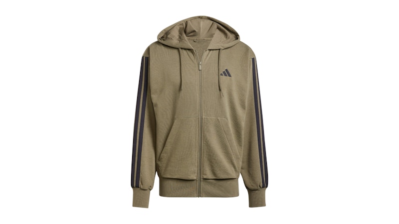 adidas Essentials 3-Stripes French Terry Full-Zip Hoodie Olive Strata/Black