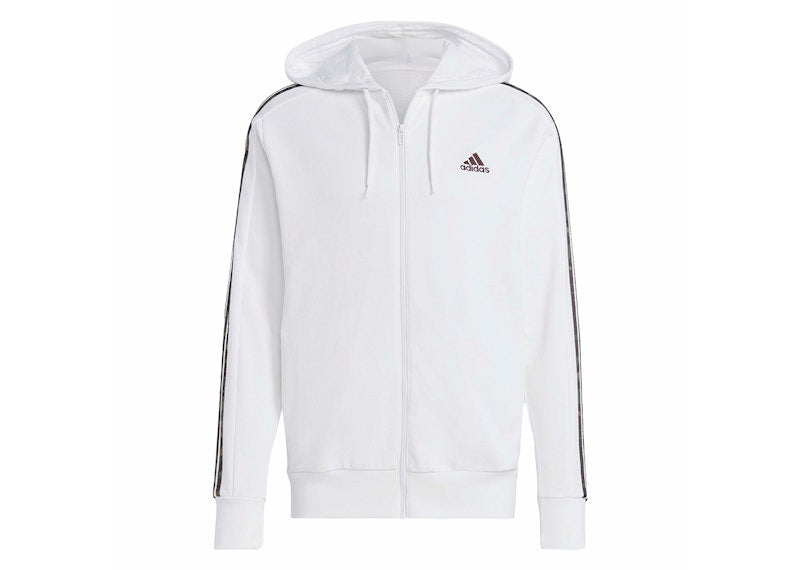 adidas Essentials French Terry 3-Stripes Full-Zip Hoodie White/Olive Strata
