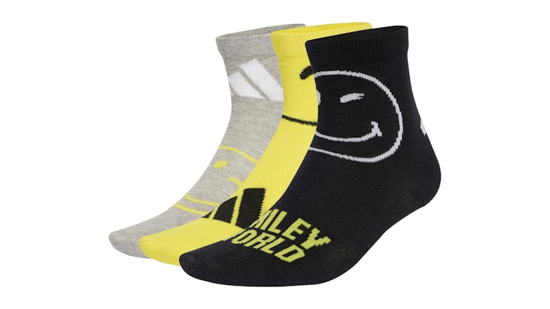 adidas Smiley Socks (3 Pair) Medium Grey Heather Bright Yellow Black