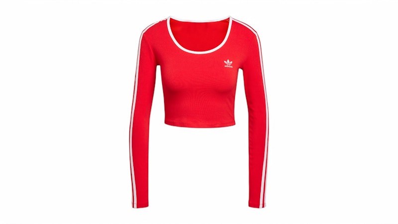 adidas Women's Adicolor 3-Stripes Long Sleeve Crop Long-Sleeve Top Better Scarlet
