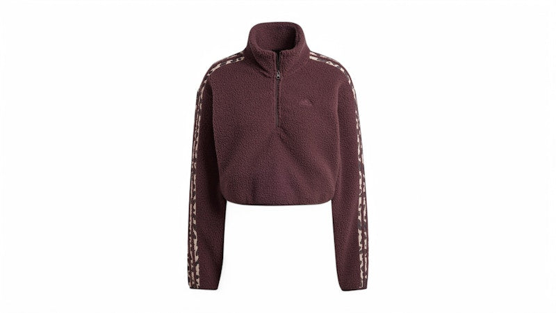 adidas Women's Essentials 3-Stripes Animal Print High Pile Cropped 1/4 Zip Top Shadow Brown/White