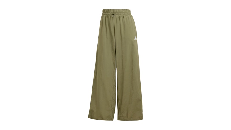 adidas Women's Essentials 3-Stripes Lifestyle Woven Parachute Tracksuit Bottoms Olive Strata/White
