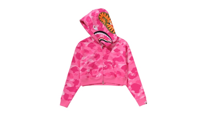 BAPE Women's Color Camo Crystal Stone Shark Cropped Full Zip Hoodie Pink