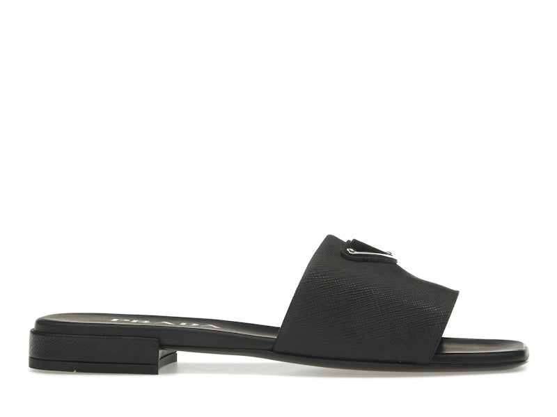 Prada Logo Slide Sandals Black Saffiano Leather