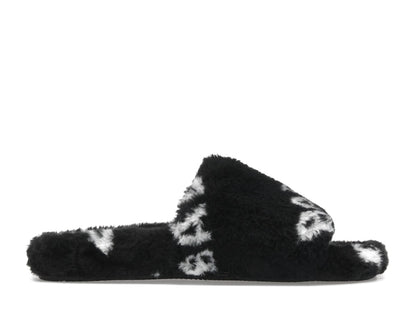 Balenciaga Furry Slide Fake Fur Logo Allover Black White
