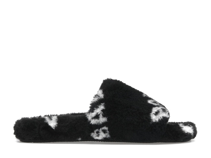 Balenciaga Furry Slide Fake Fur Logo Allover Black White