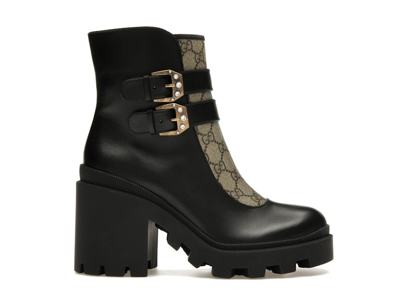 Gucci Buckles Ankle Boots Black Beige (Women's)