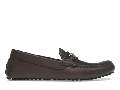 Gucci Ayrton Webbing-Trimmed Horsebit Leather Driver Loafers Brown