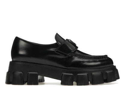 Prada Monolith 55mm Pointy Loafer Black Brushed Leather