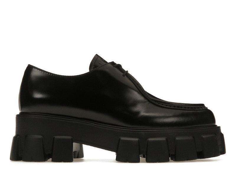Prada Monolith 55mm Pointy Lace Up Loafer Black Brushed Leather