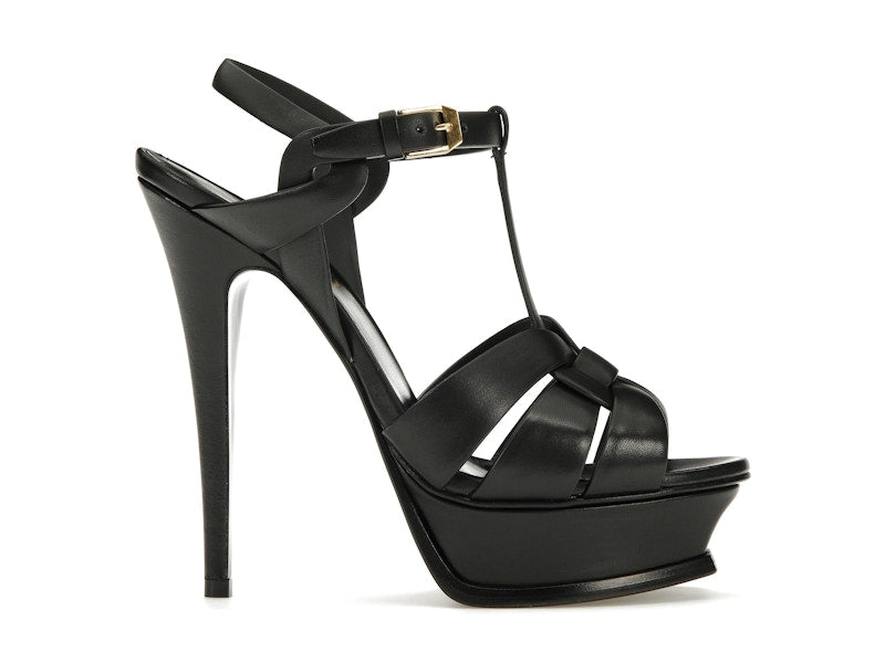 Saint Laurent Tribute Platform Sandal Heels Black Leather