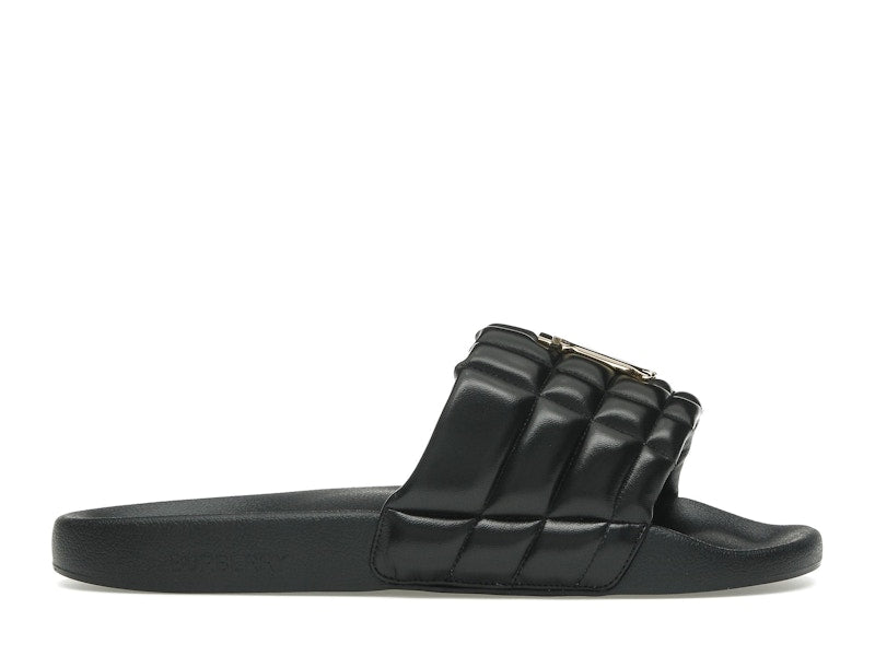 Burberry Monogram Motif Quilted Lambskin Slides Black Gold-tone
