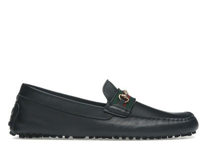 Gucci Ayrton Webbing-Trimmed Horsebit Leather Driver Loafers Black