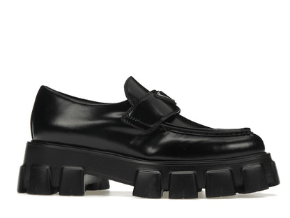 Prada Monolith 55mm Pointy Loafer Black Brushed Leather