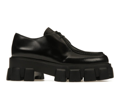 Prada Monolith 55mm Pointy Lace Up Loafer Black Brushed Leather