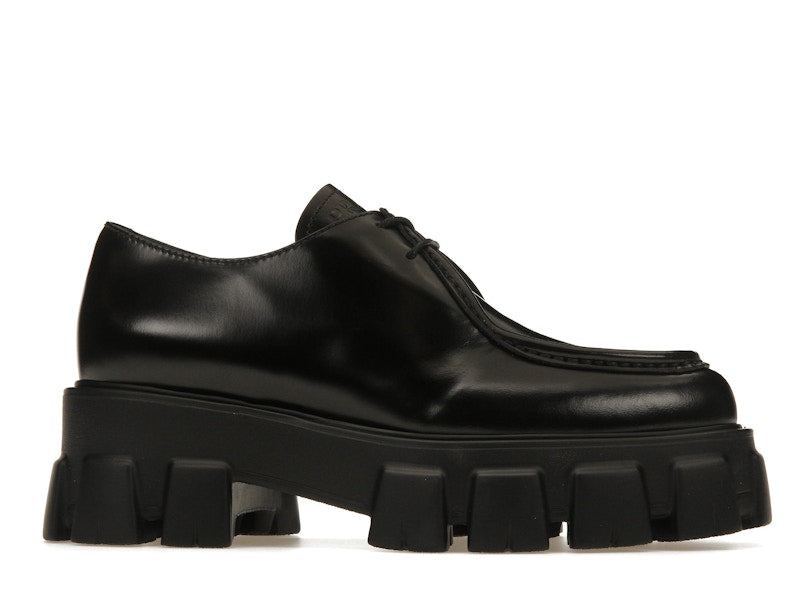 Prada Monolith 55mm Pointy Lace Up Loafer Black Brushed Leather