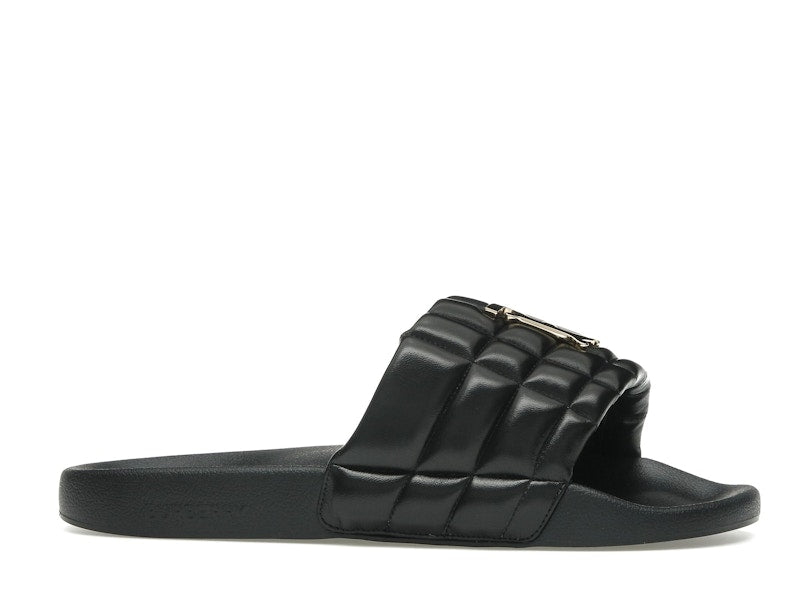 Burberry Monogram Motif Quilted Lambskin Slides Black Gold-tone