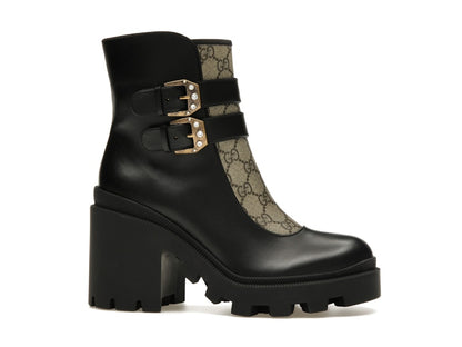 Gucci Buckles Ankle Boots Black Beige (Women's)
