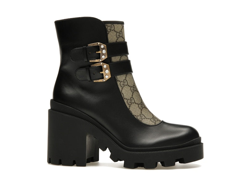 Gucci Buckles Ankle Boots Black Beige (Women's)