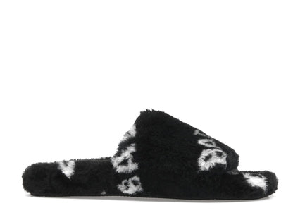 Balenciaga Furry Slide Fake Fur Logo Allover Black White